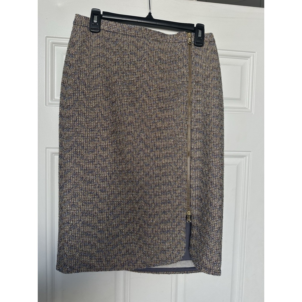J. Crew Sz 6 Skirt Purple/Gold Pencil Skirt Full Side Front Zip Up‎ (0073)